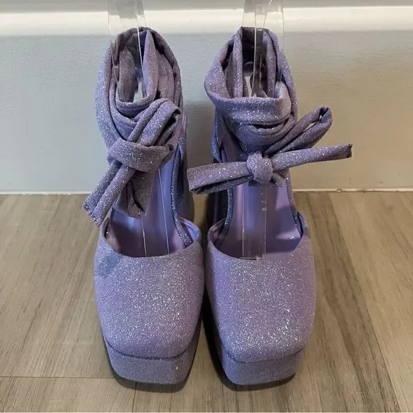 Daisy Street for Dolls Kill purple glitter platform tie up heels sz5 - Picture 8 of 9